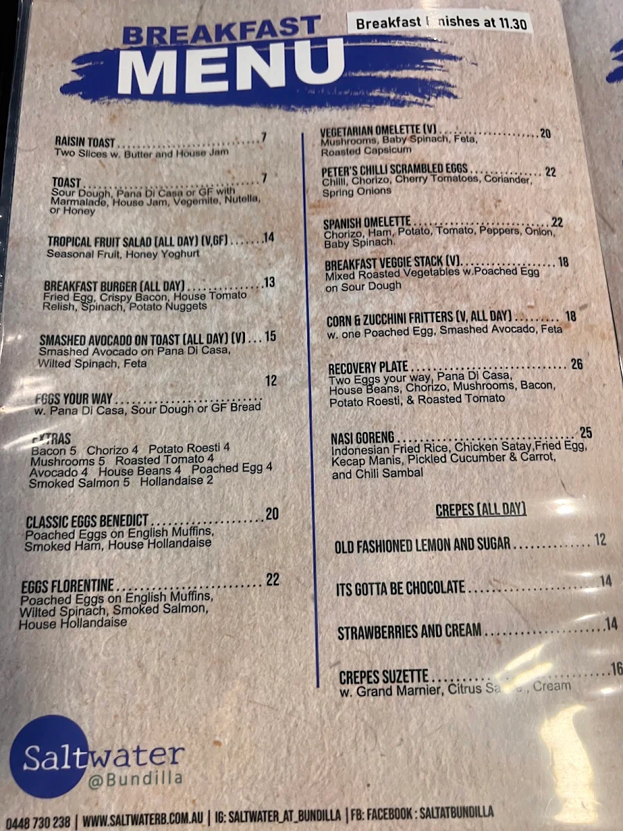 Menu, Saltwater @ Bundilla