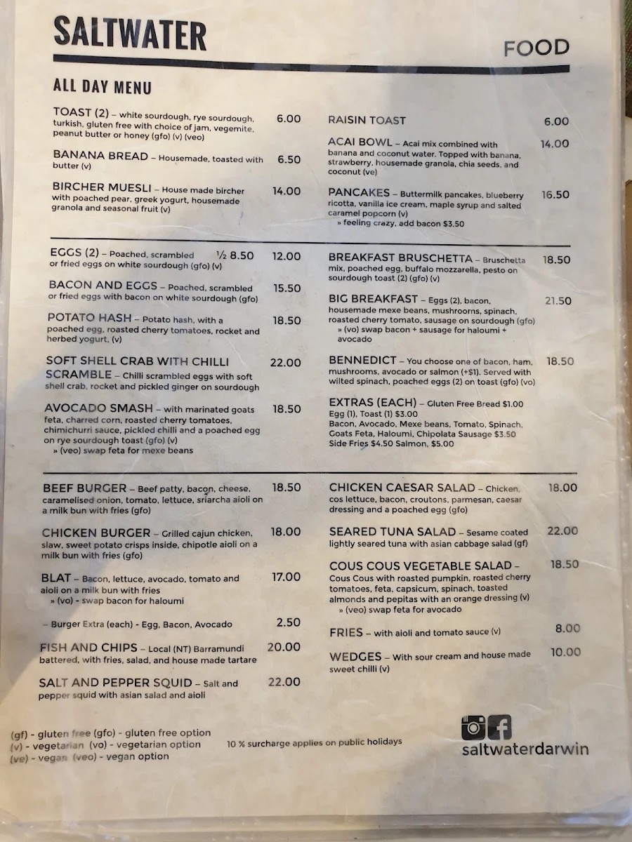 Menu, Saltwater @ Bundilla