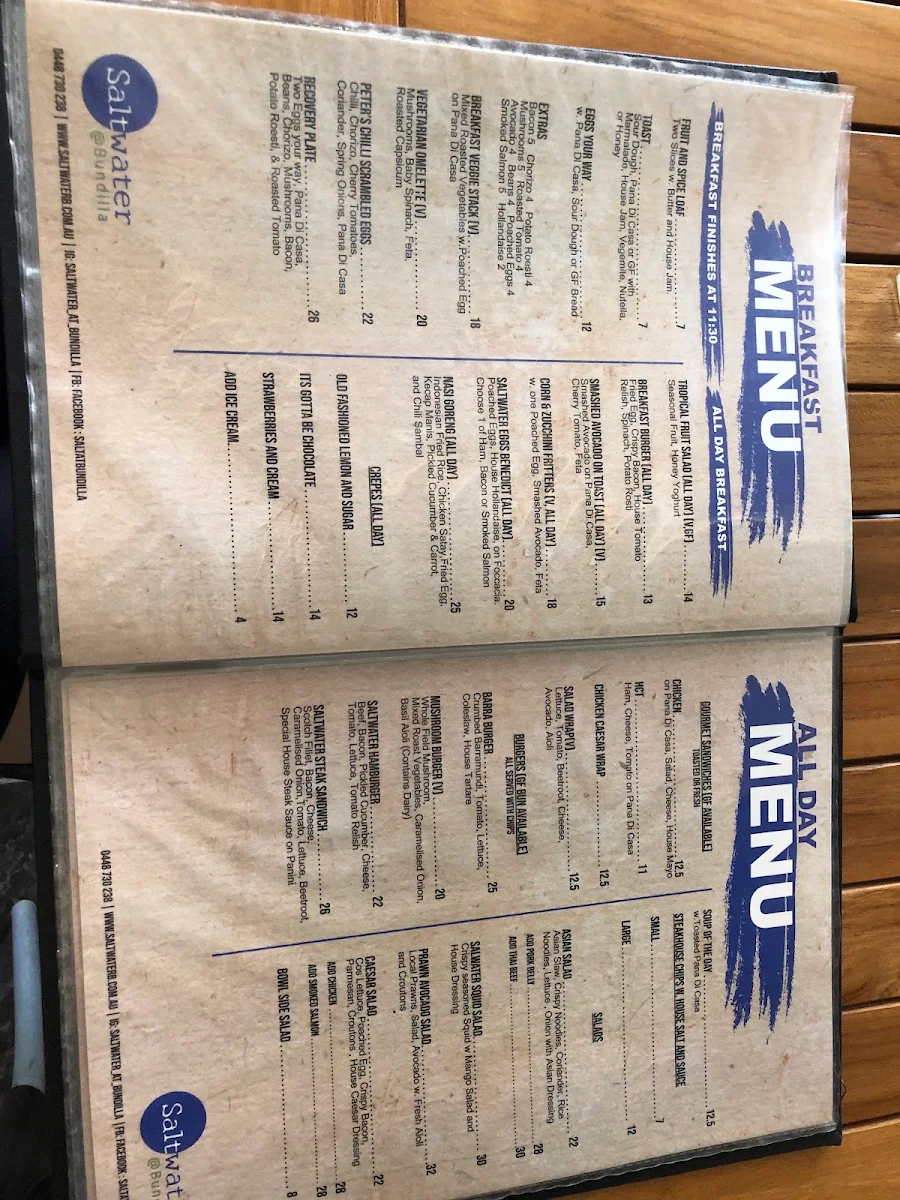 Menu, Saltwater @ Bundilla