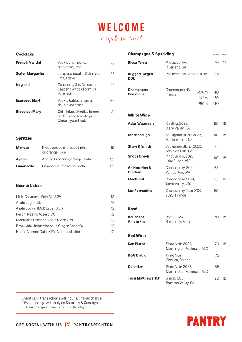 Menu, Pantry