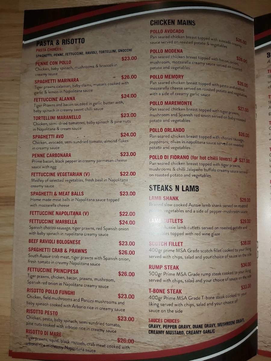 Menu, Maranello Cafe