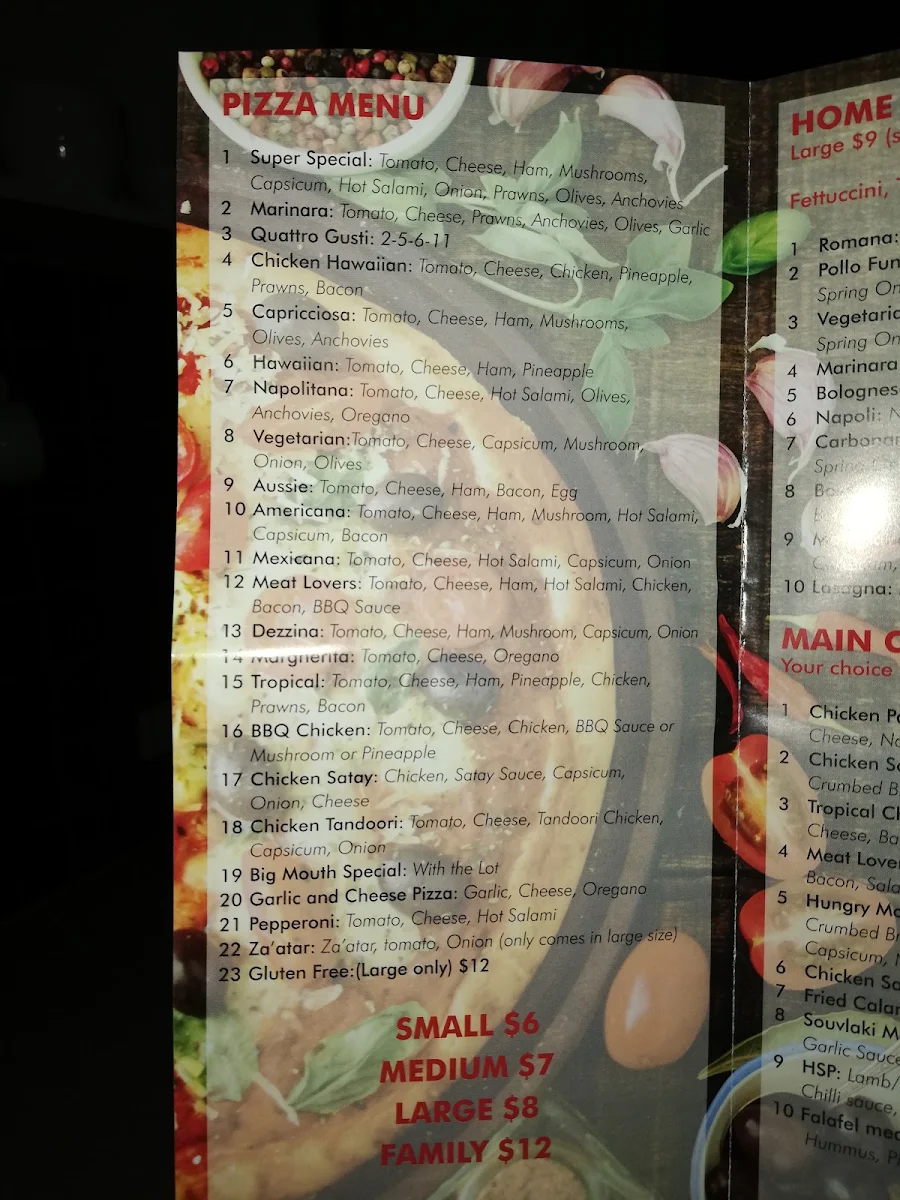 Menu, Hungry Mouth Pizza, Fish and Chips