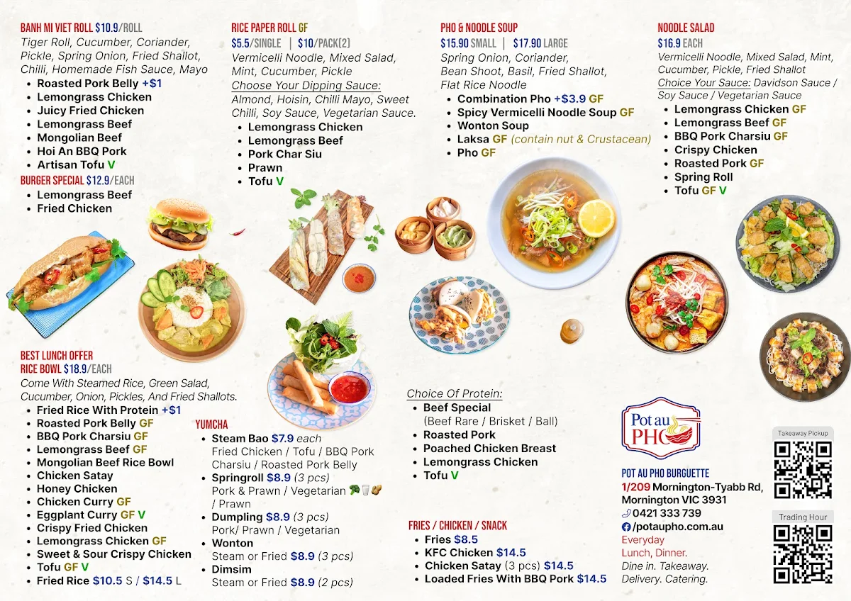 Menu, Pot Au Pho Burguette Mornington | Casual Dine-in, Takeaway | Vietnamese & Pan-Asian Restaurant & Cafe