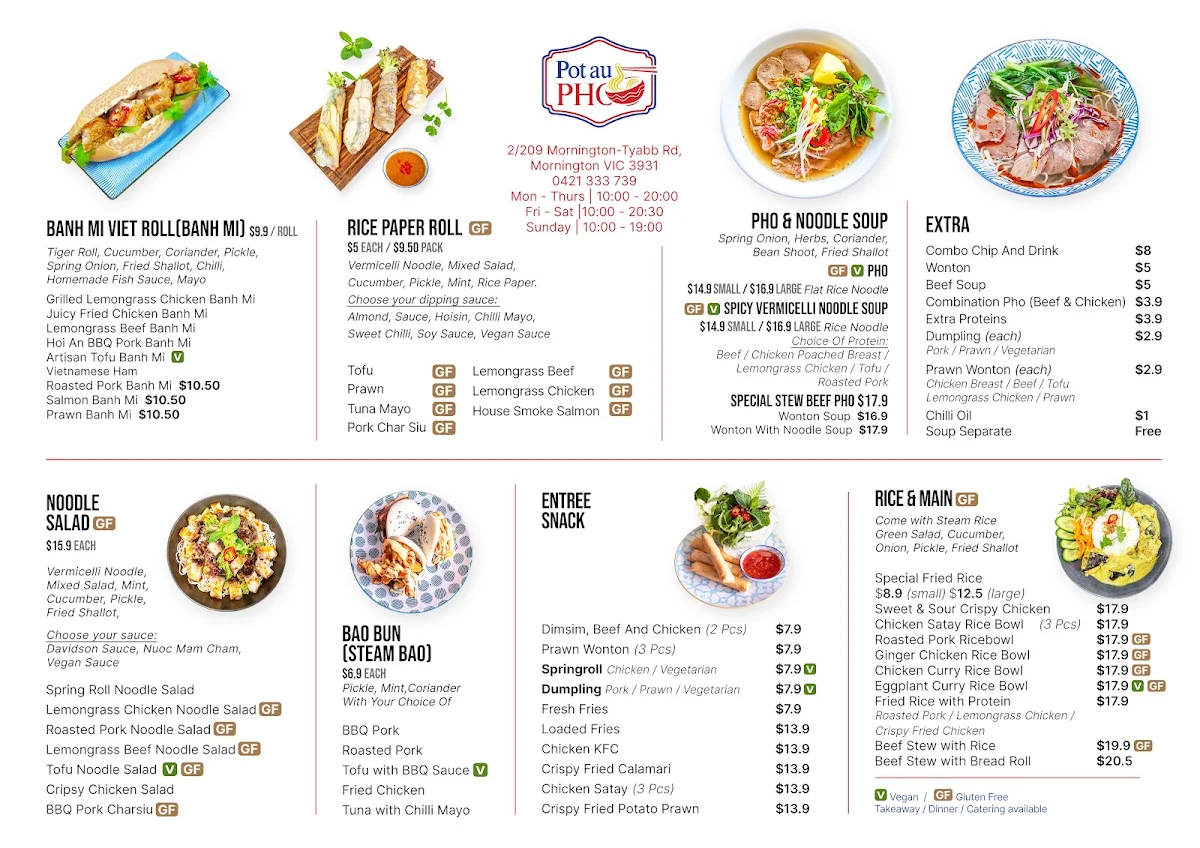 Menu, Pot Au Pho Burguette Mornington | Casual Dine-in, Takeaway | Vietnamese & Pan-Asian Restaurant & Cafe