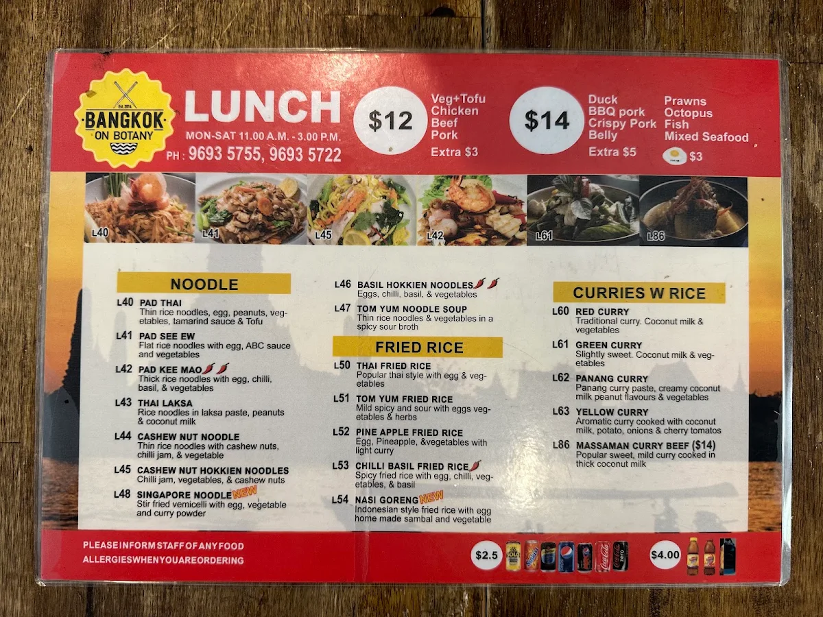Menu, Bangkok on Botany