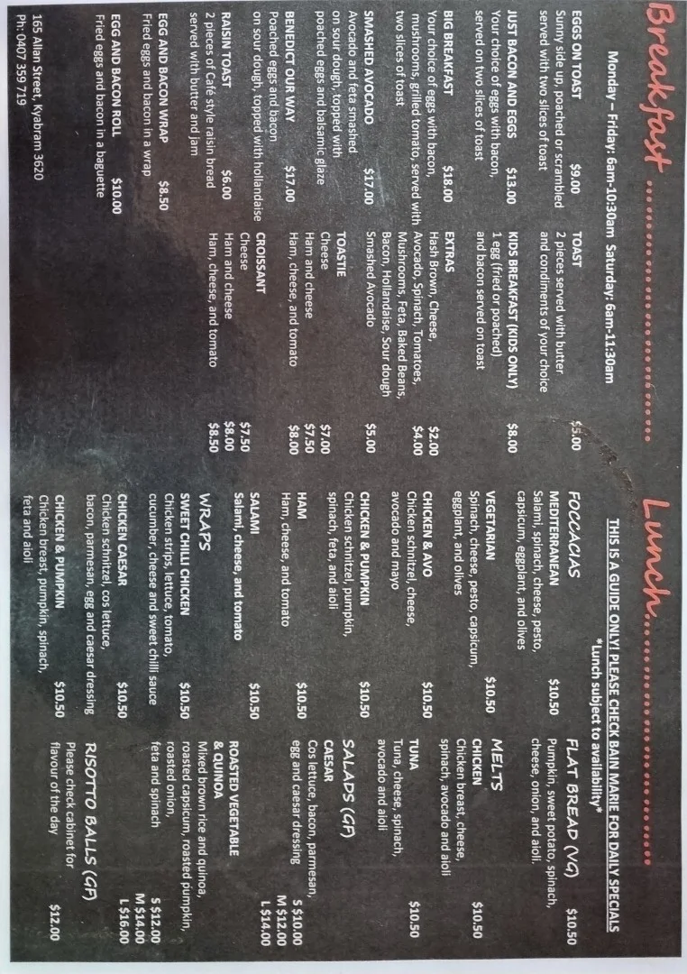 Menu, Marocco Cafe