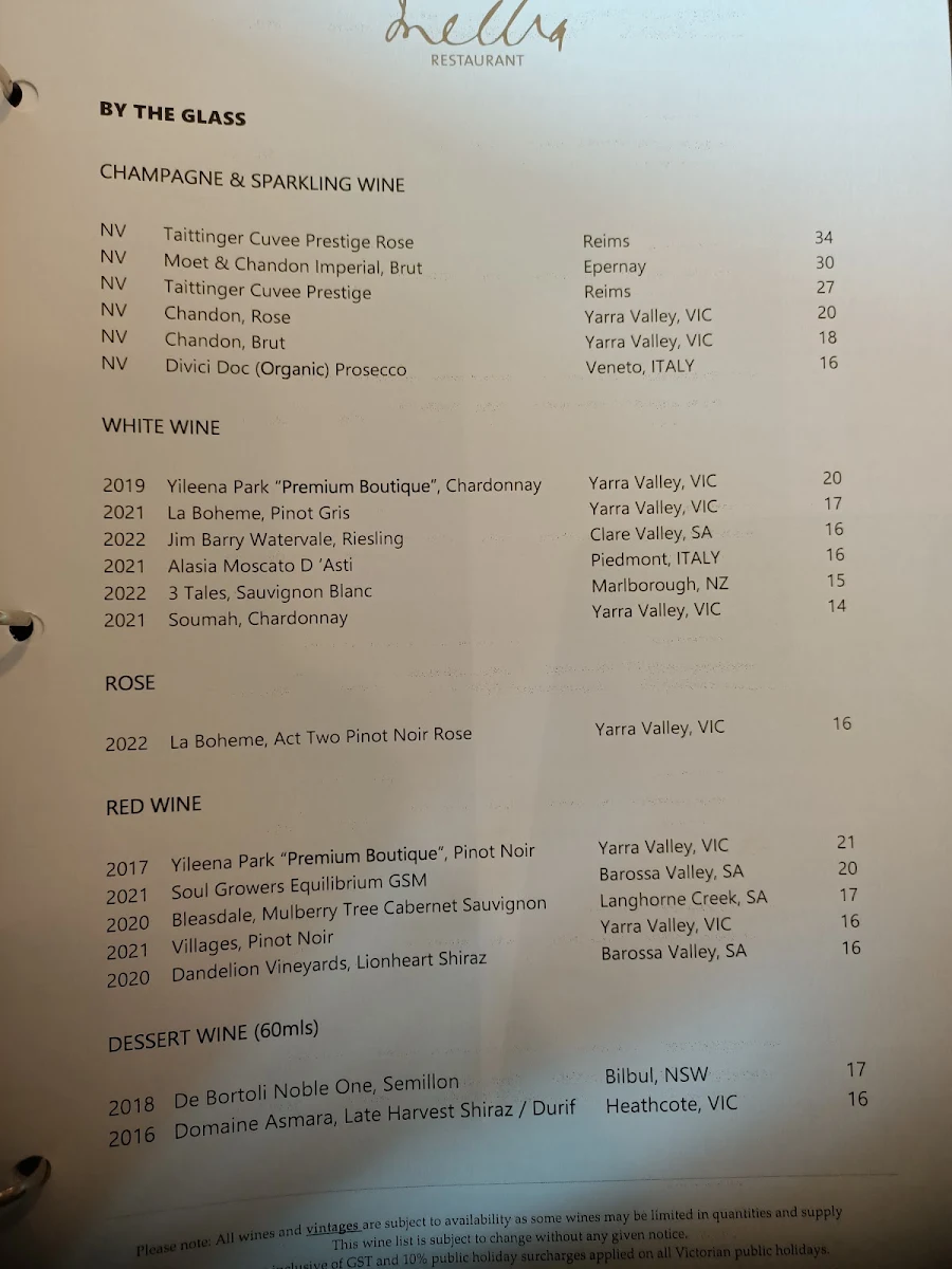 Menu, Melba Restaurant