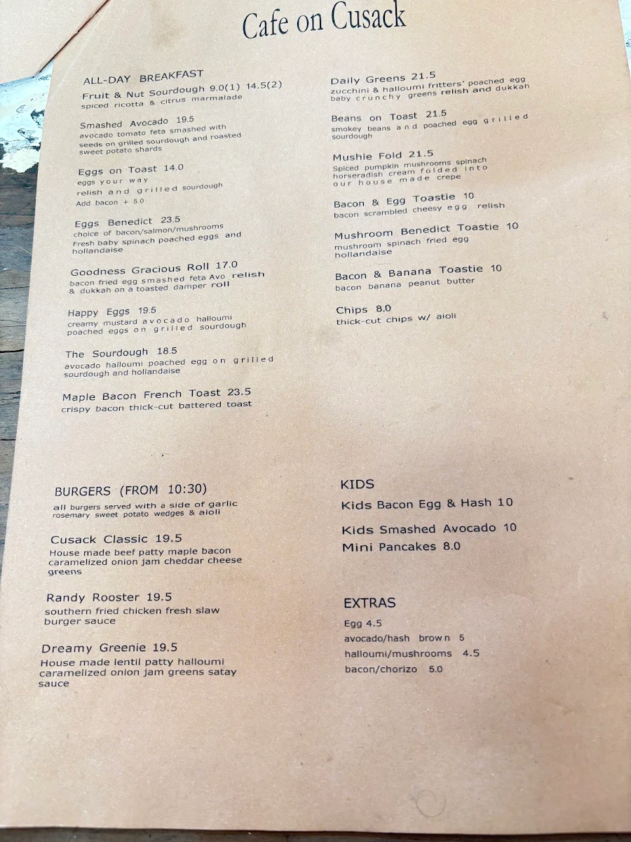 Menu, Cafe On Cusack