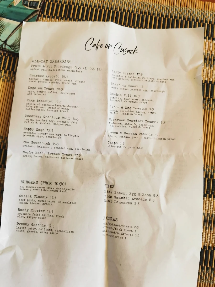 Menu, Cafe On Cusack