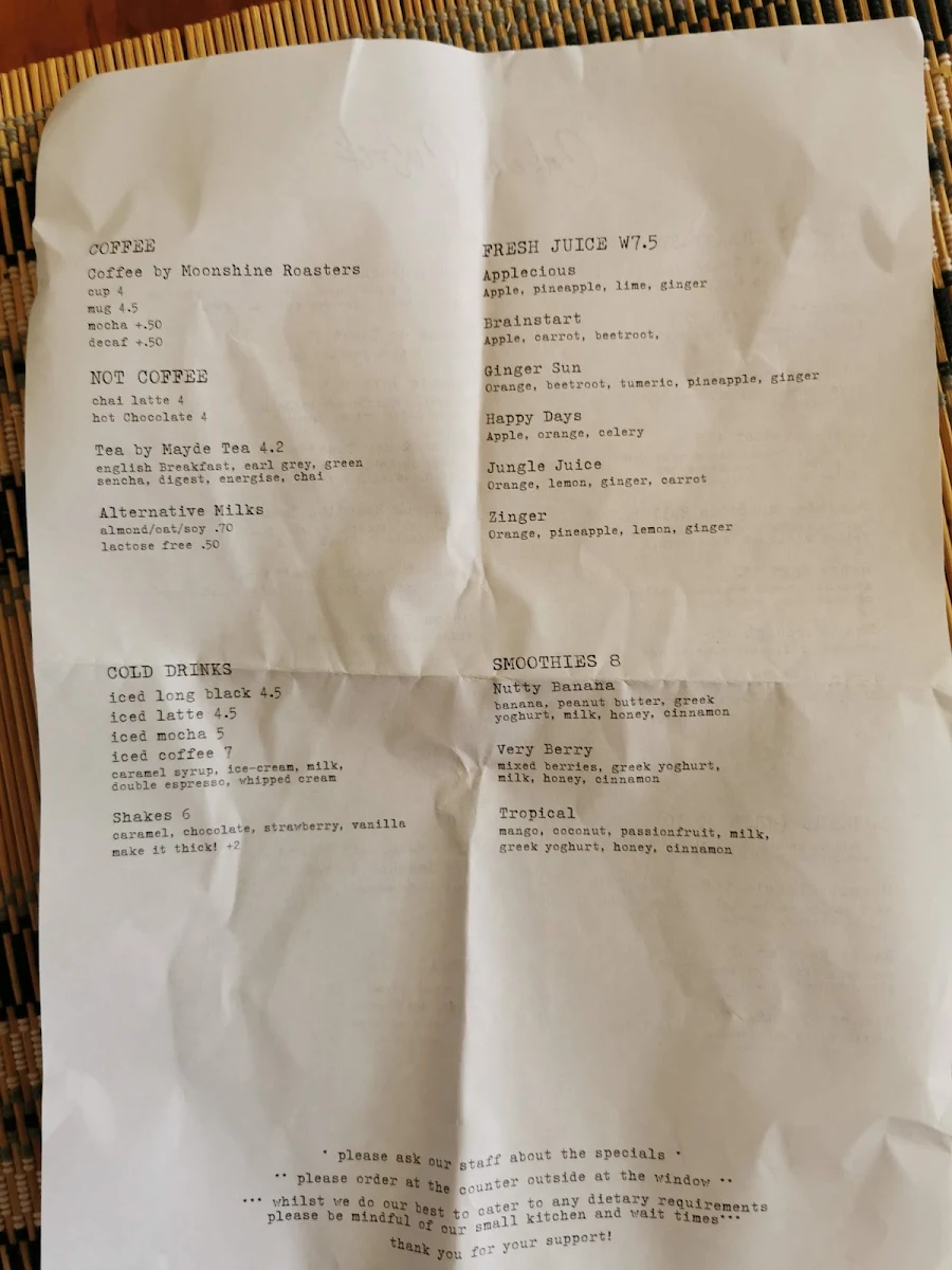 Menu, Cafe On Cusack