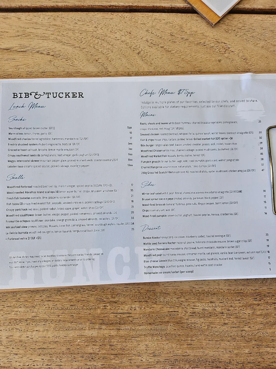 Menu, Bib and Tucker