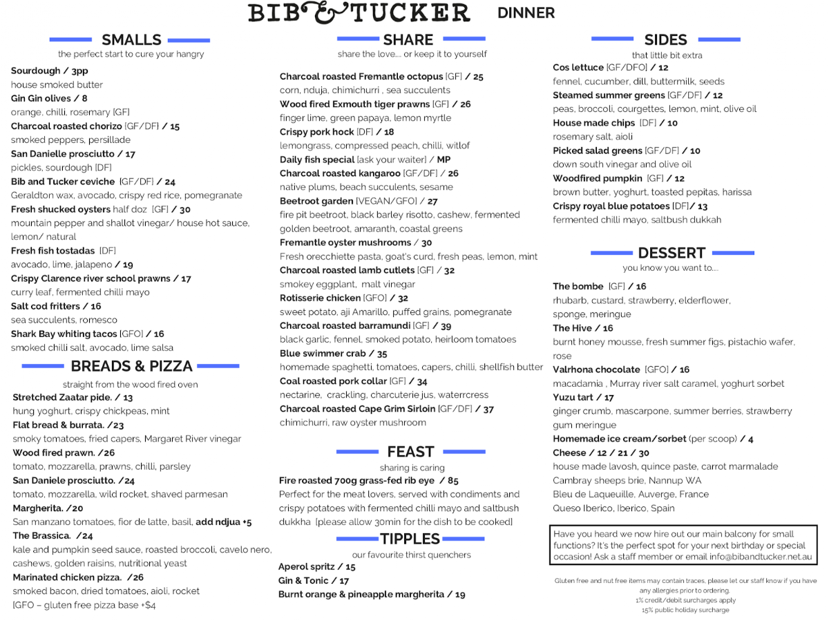 Menu, Bib and Tucker