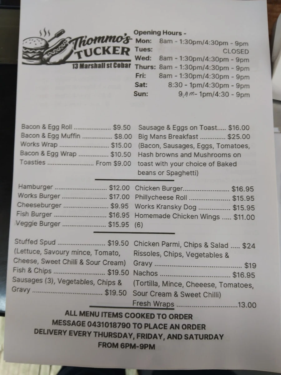 Menu, Thommo’s Tucker