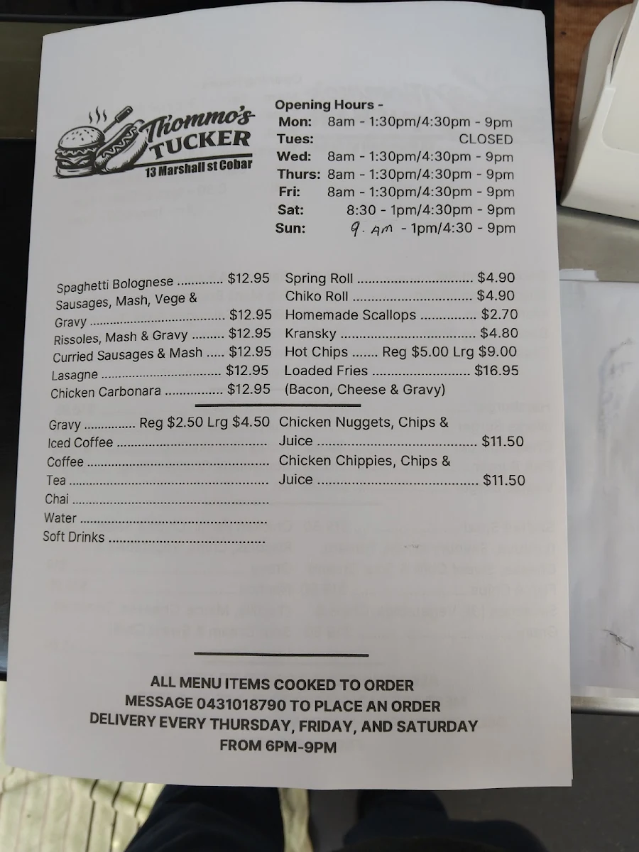 Menu, Thommo’s Tucker