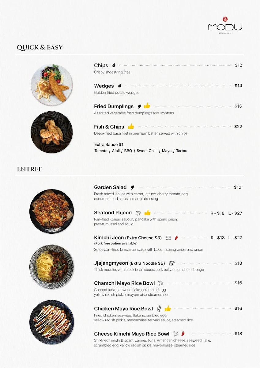 Menu, MODU Social Dining