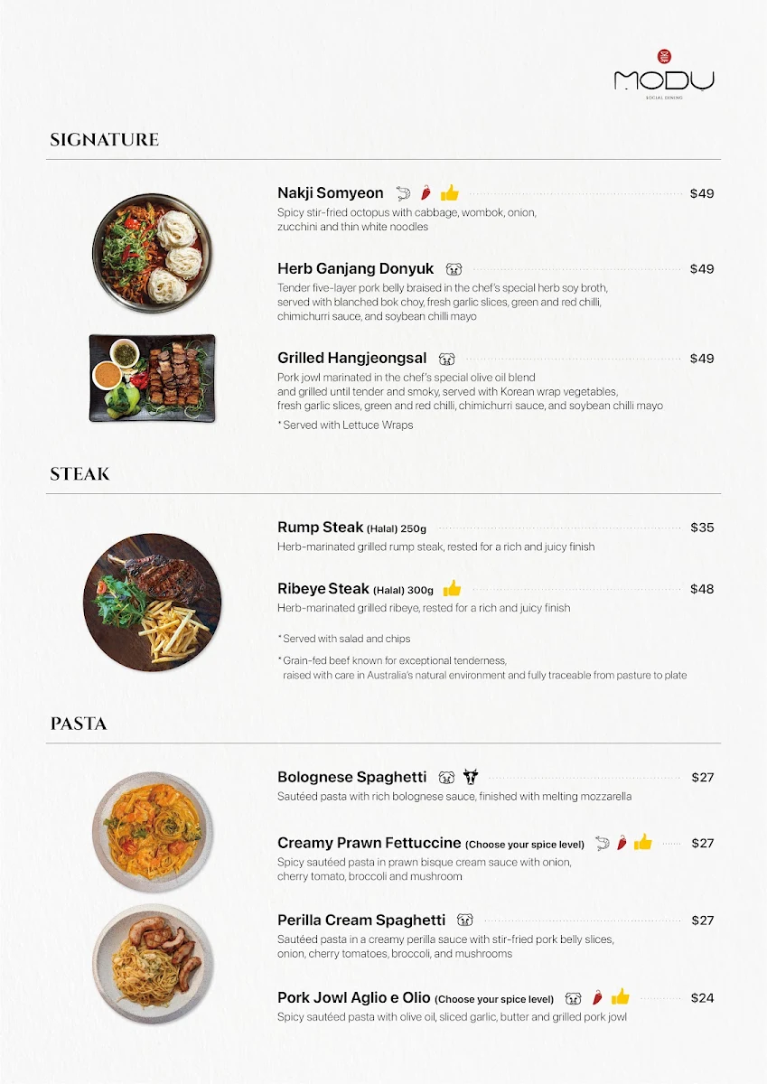 Menu, MODU Social Dining