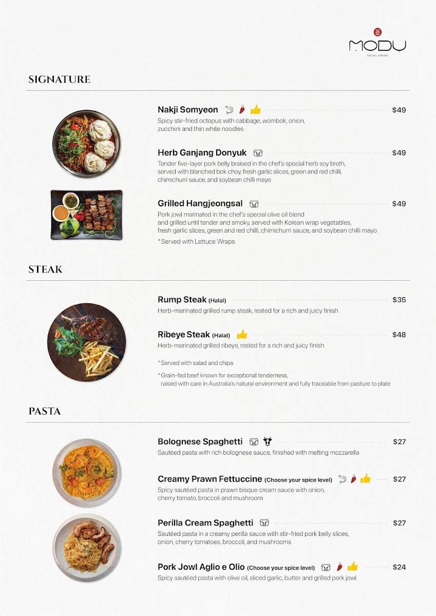 Menu, MODU Social Dining