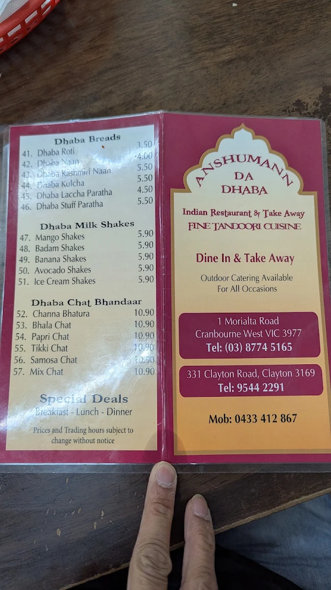 Menu, Anshumann Da Dhaba - Clayton
