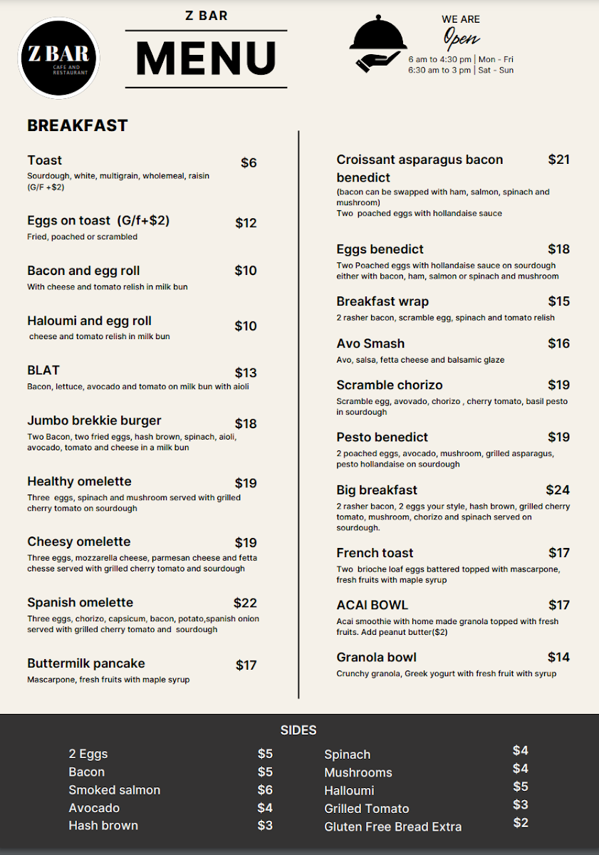 Menu, Zbar & Restaurant Collaroy Plateau