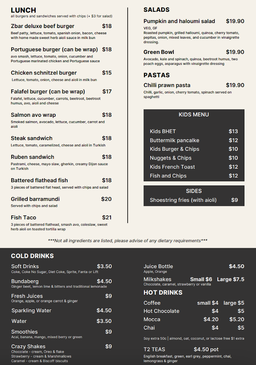 Menu, Zbar & Restaurant Collaroy Plateau