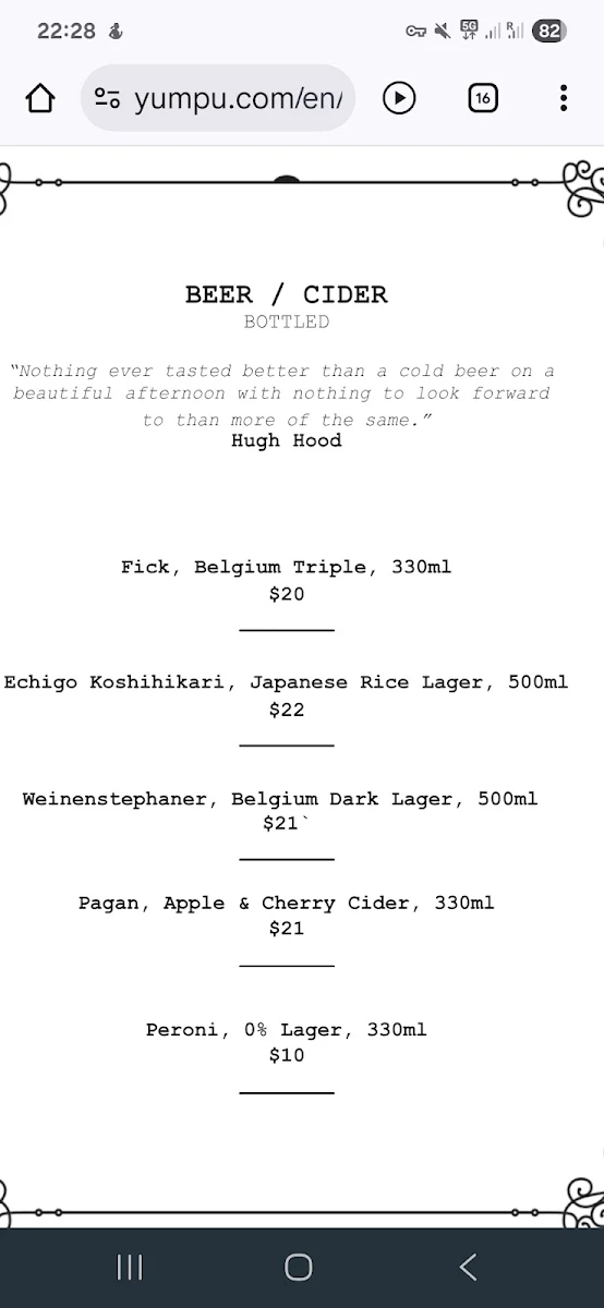 Menu, Death and Taxes Brisbane