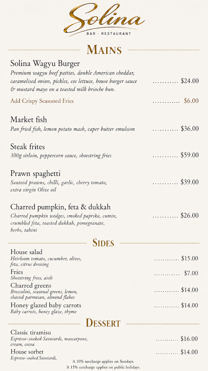 Menu, Solina Bar Restaurant