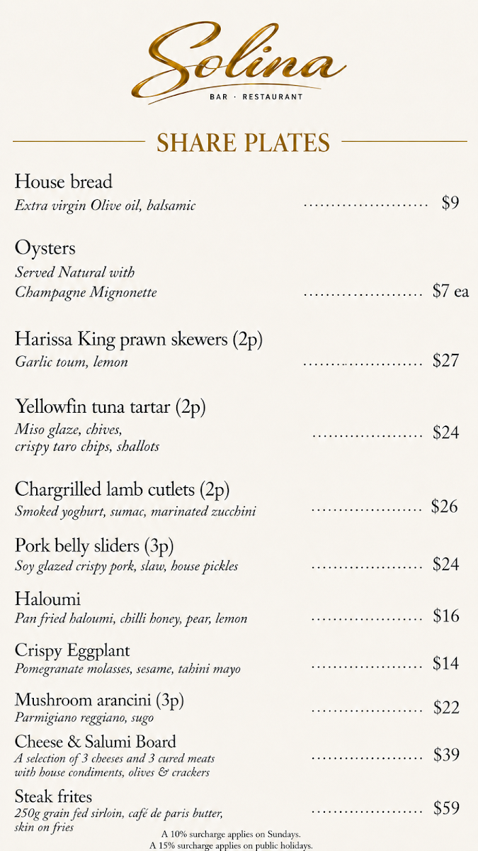 Menu, Solina Bar Restaurant