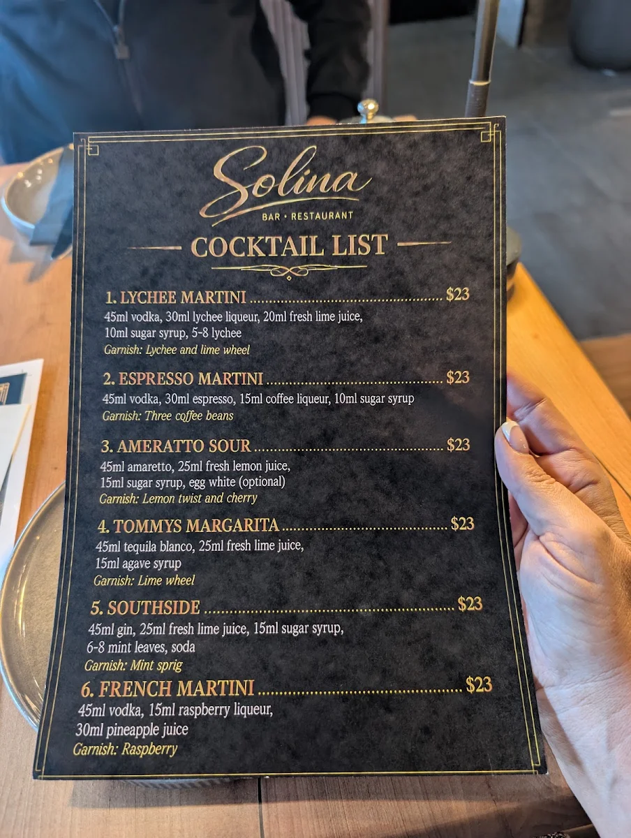 Menu, Solina Bar Restaurant