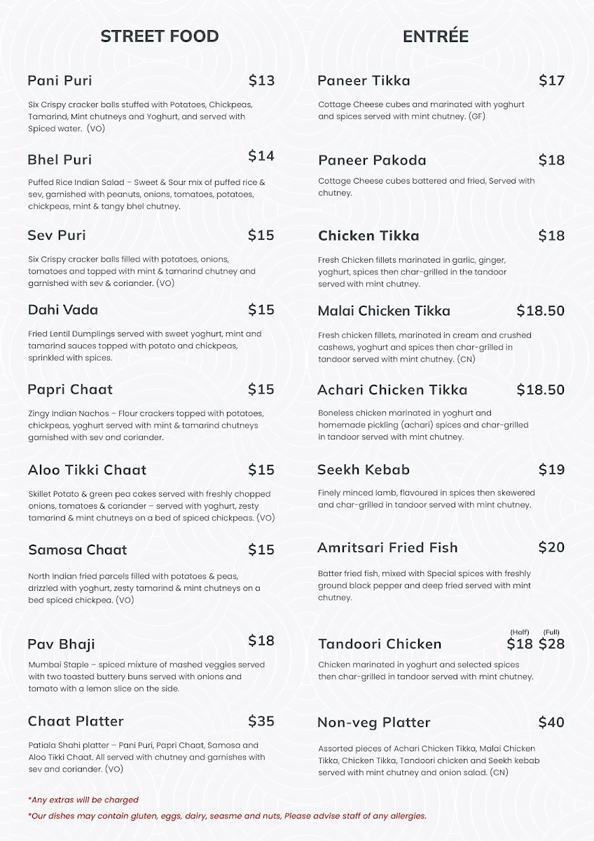 Menu, Patiala Shahi Indian Restaurant