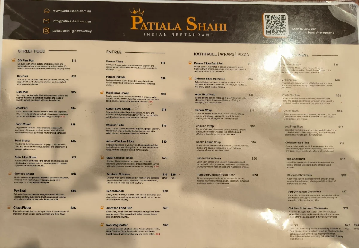 Menu, Patiala Shahi Indian Restaurant