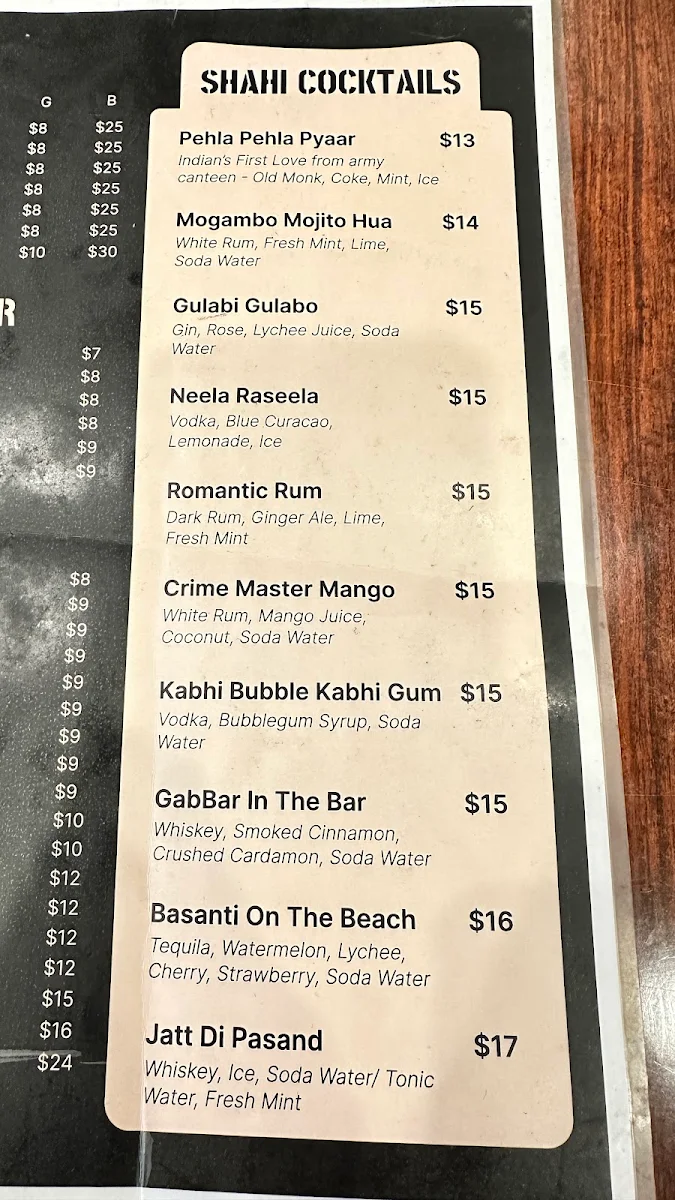Menu, Patiala Shahi Indian Restaurant