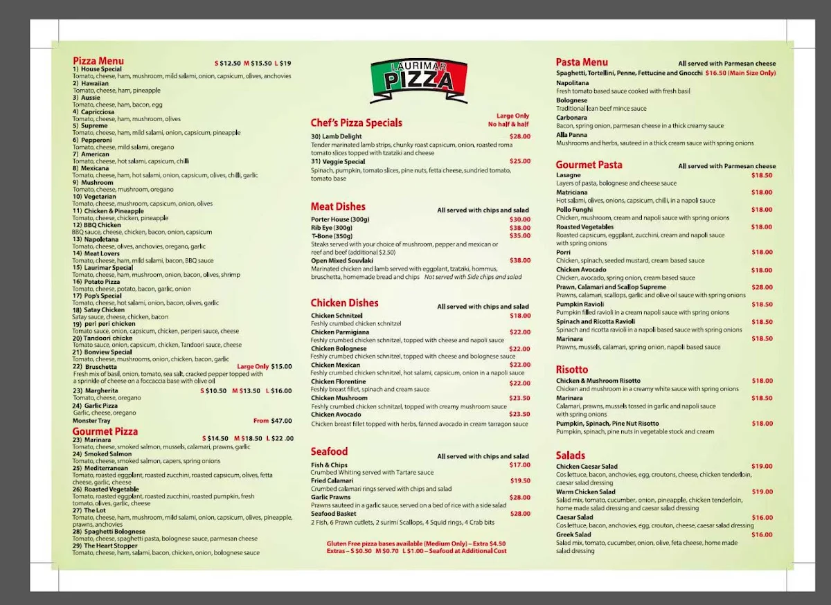 Menu, Laurimar Pizza