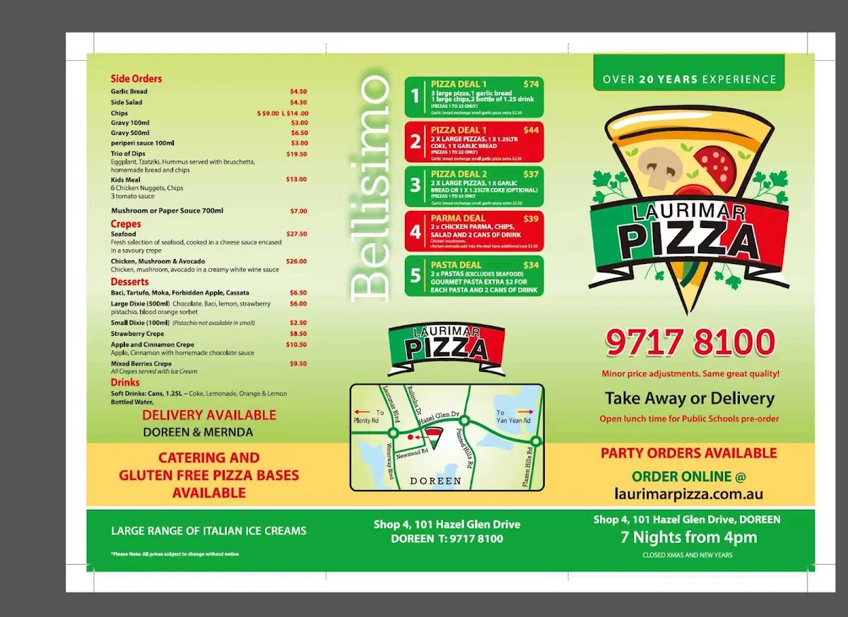 Menu, Laurimar Pizza