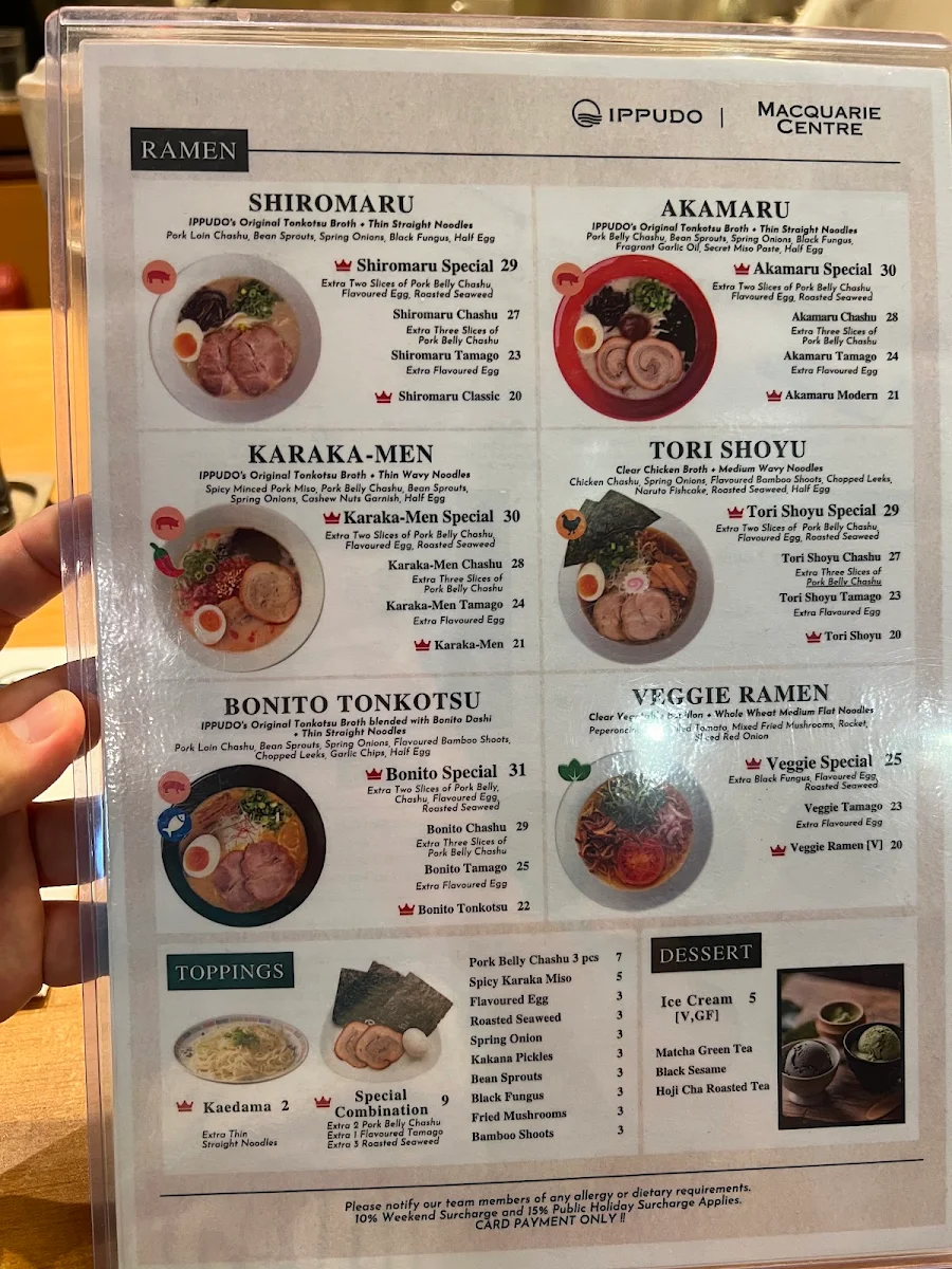 Menu, Ramen IPPUDO Macquarie Centre
