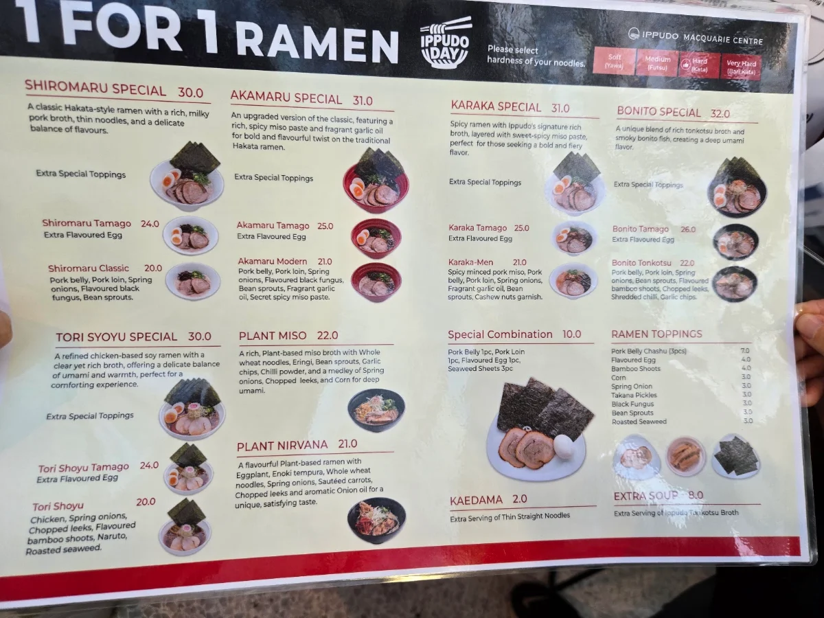 Menu, Ramen IPPUDO Macquarie Centre
