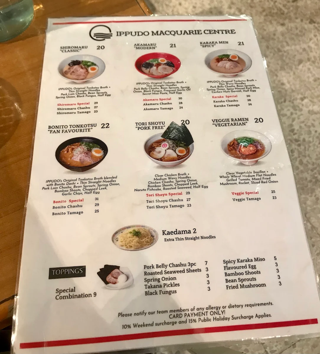 Menu, Ramen IPPUDO Macquarie Centre