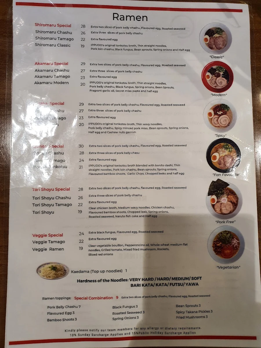 Menu, Ramen IPPUDO Macquarie Centre