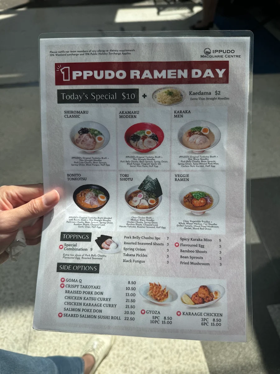 Menu, Ramen IPPUDO Macquarie Centre