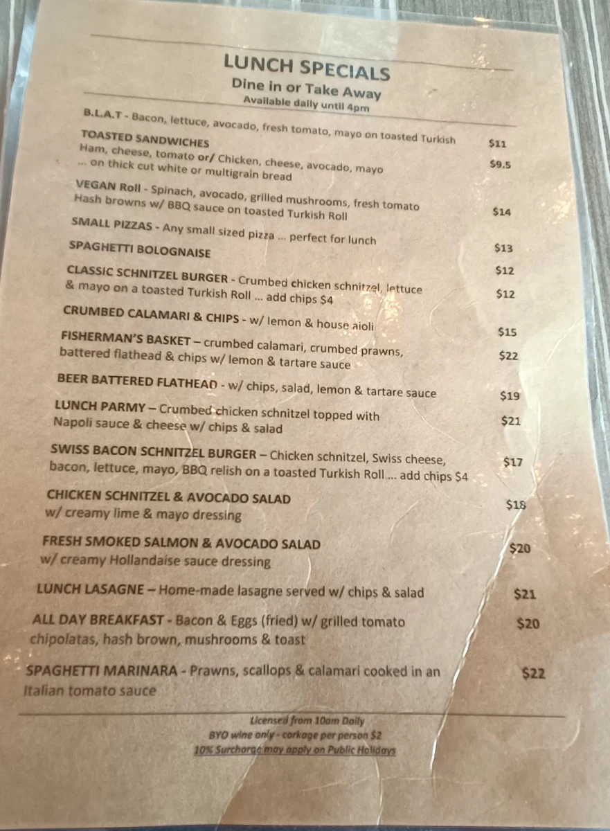 Menu, Earth 'n' Sea Pizza