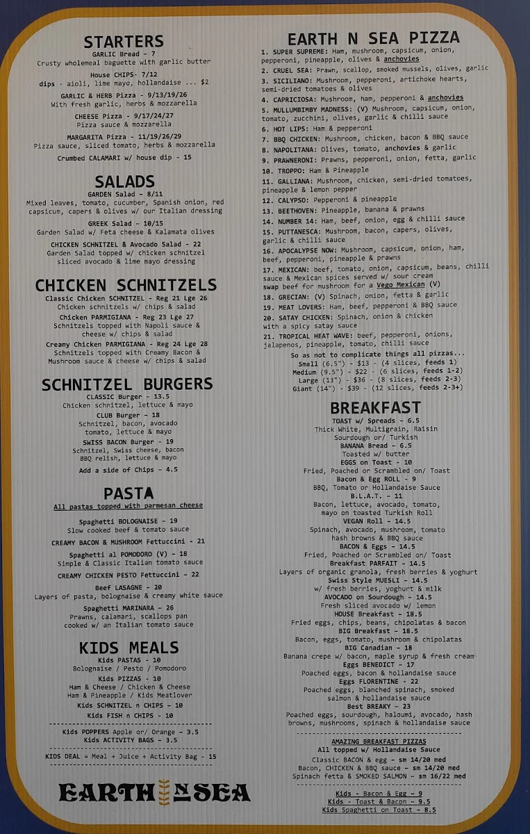 Menu, Earth 'n' Sea Pizza