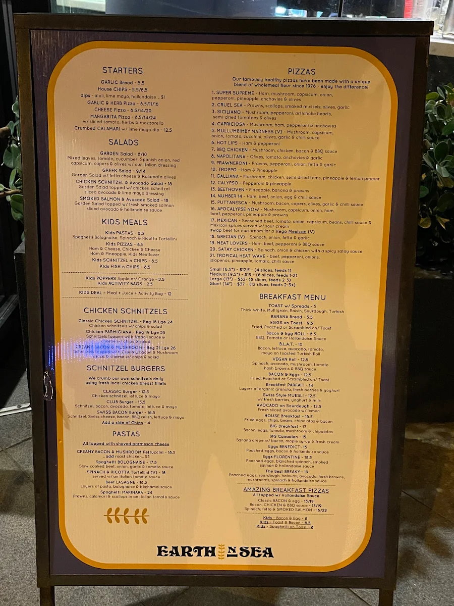 Menu, Earth 'n' Sea Pizza