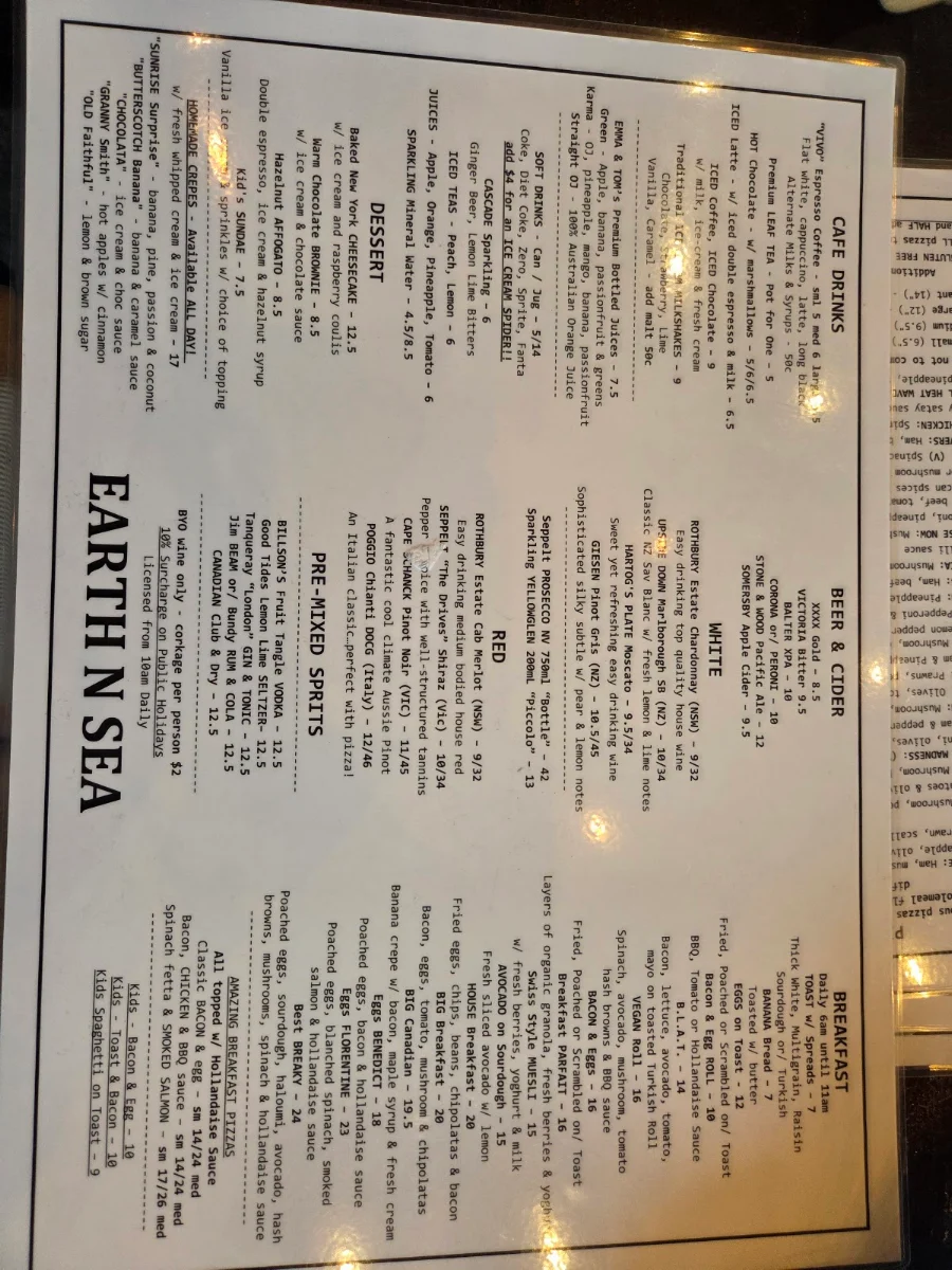 Menu, Earth 'n' Sea Pizza