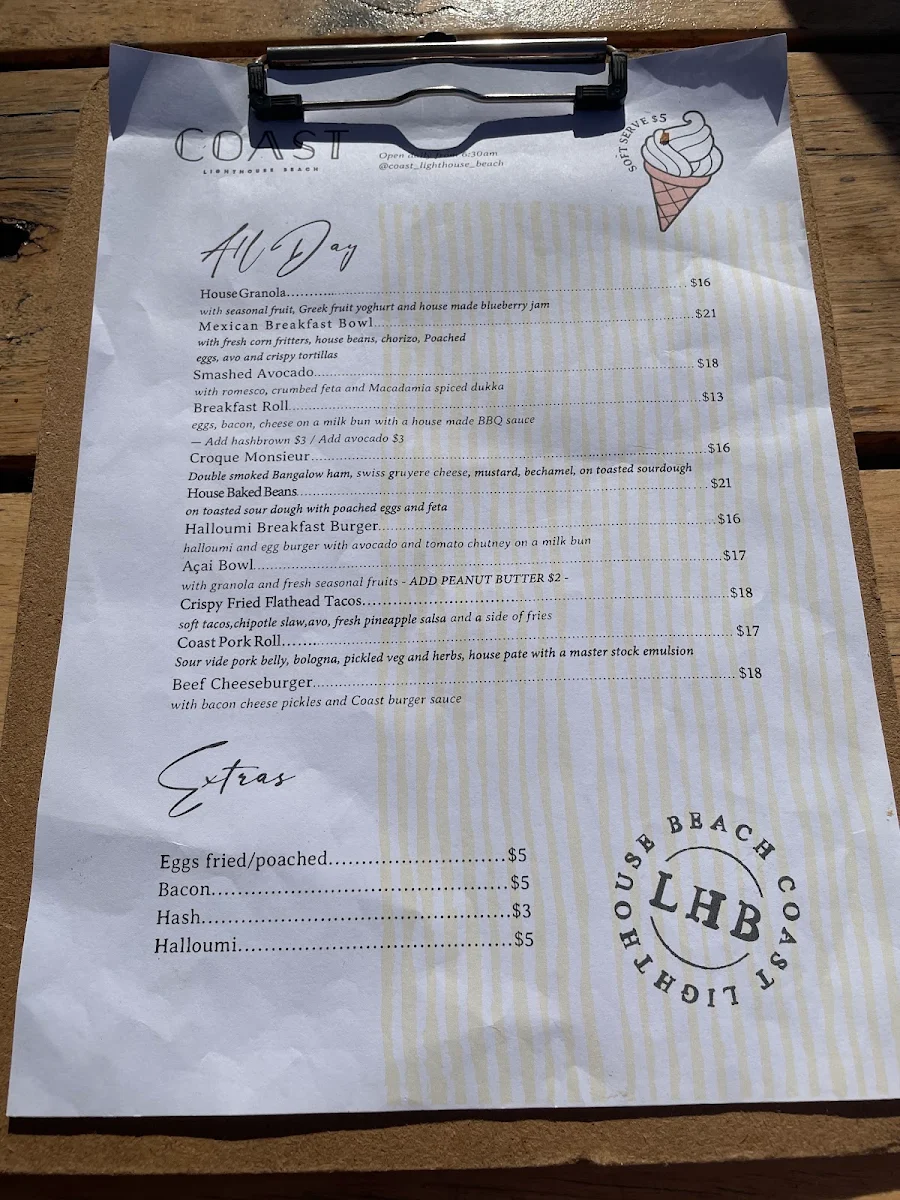 Menu, COAST Lighthouse Beach