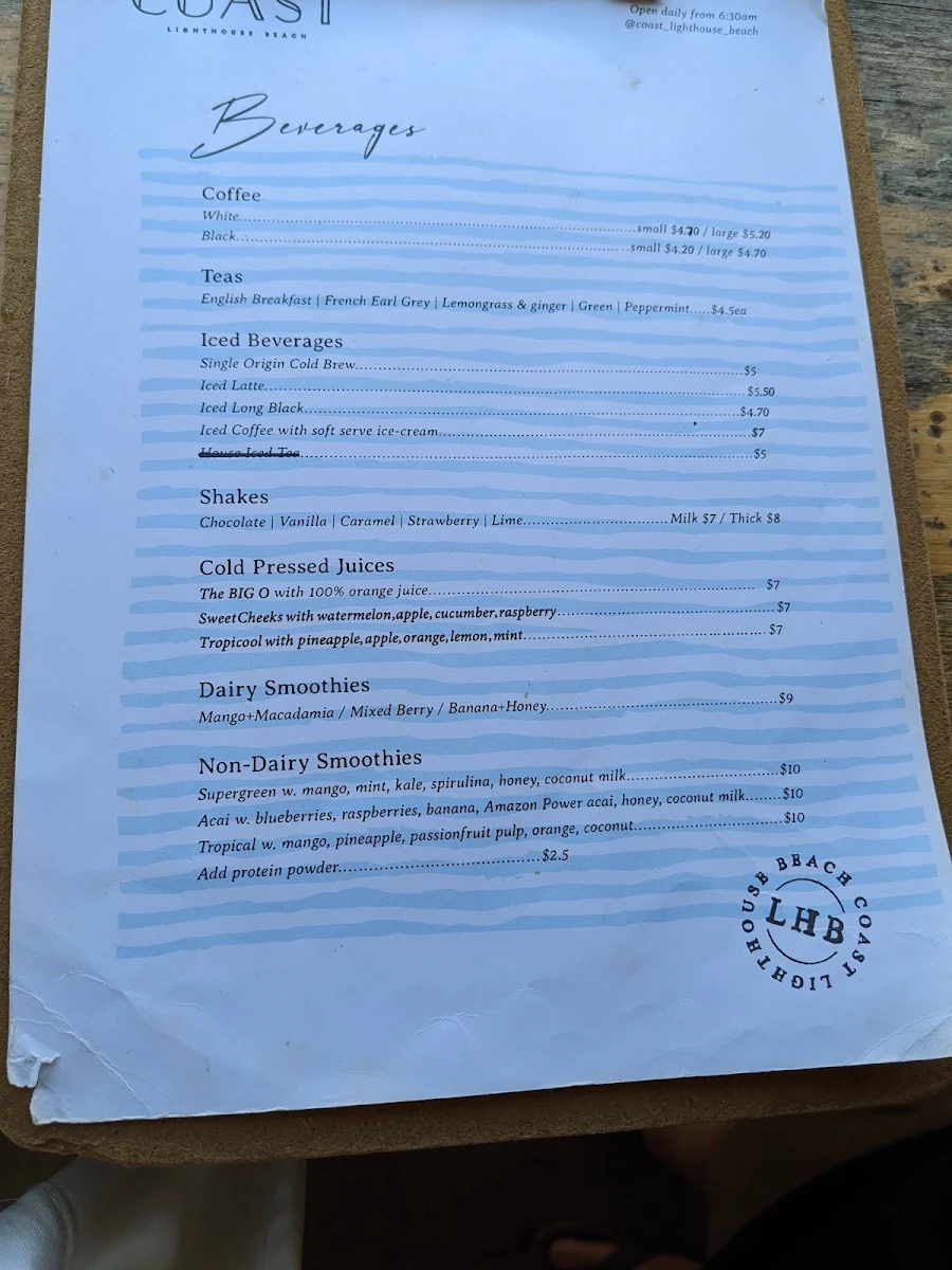 Menu, COAST Lighthouse Beach