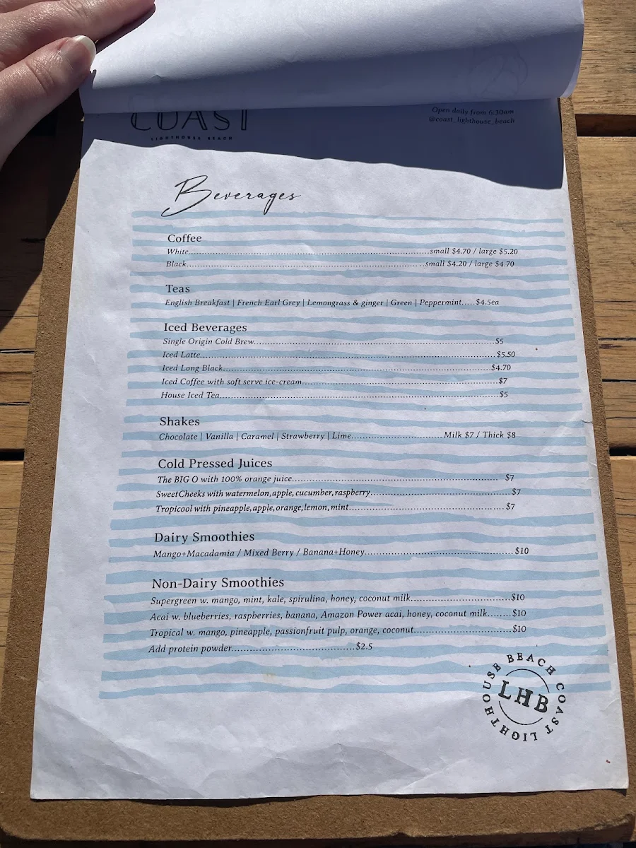 Menu, COAST Lighthouse Beach