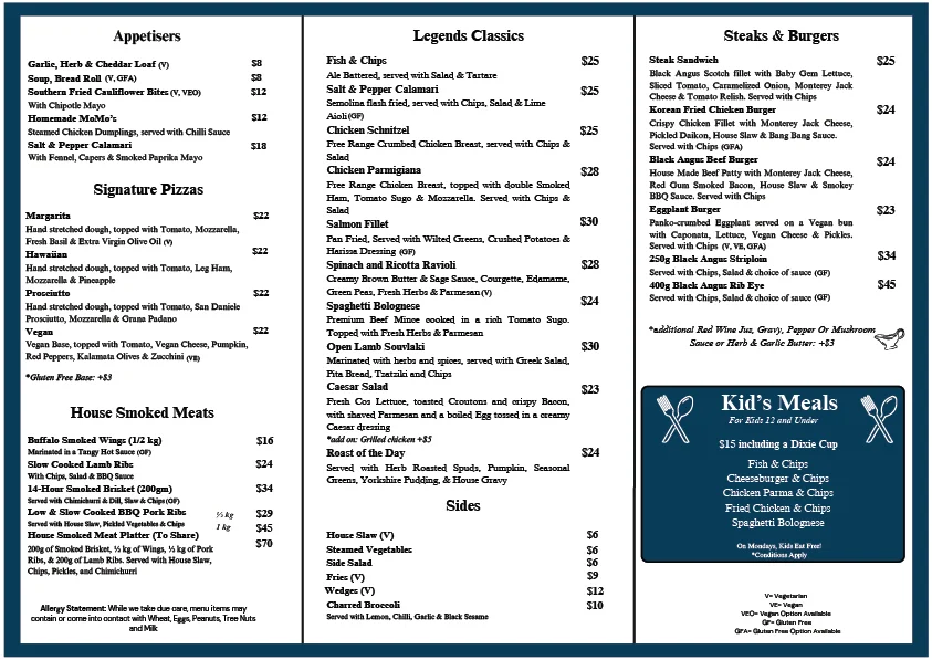 Menu, Moonee Valley Legends