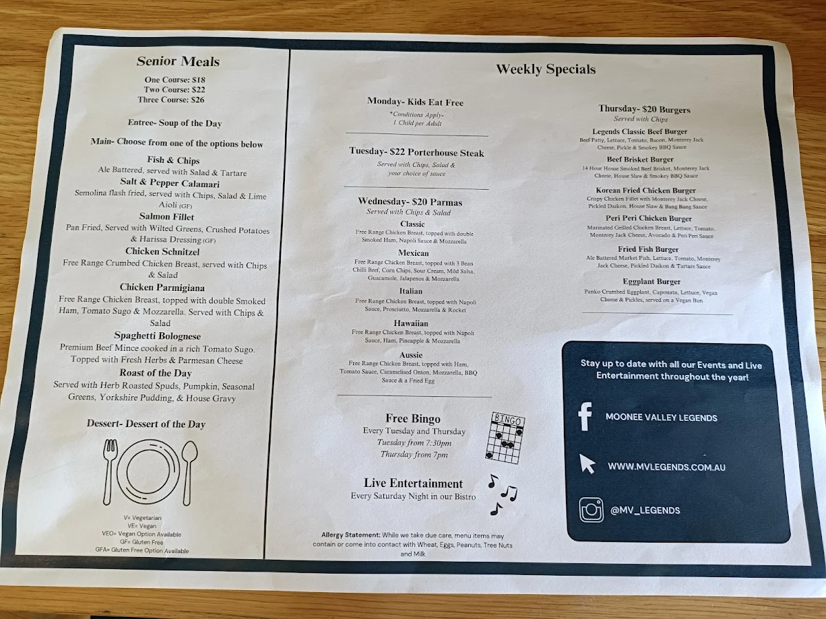Menu, Moonee Valley Legends
