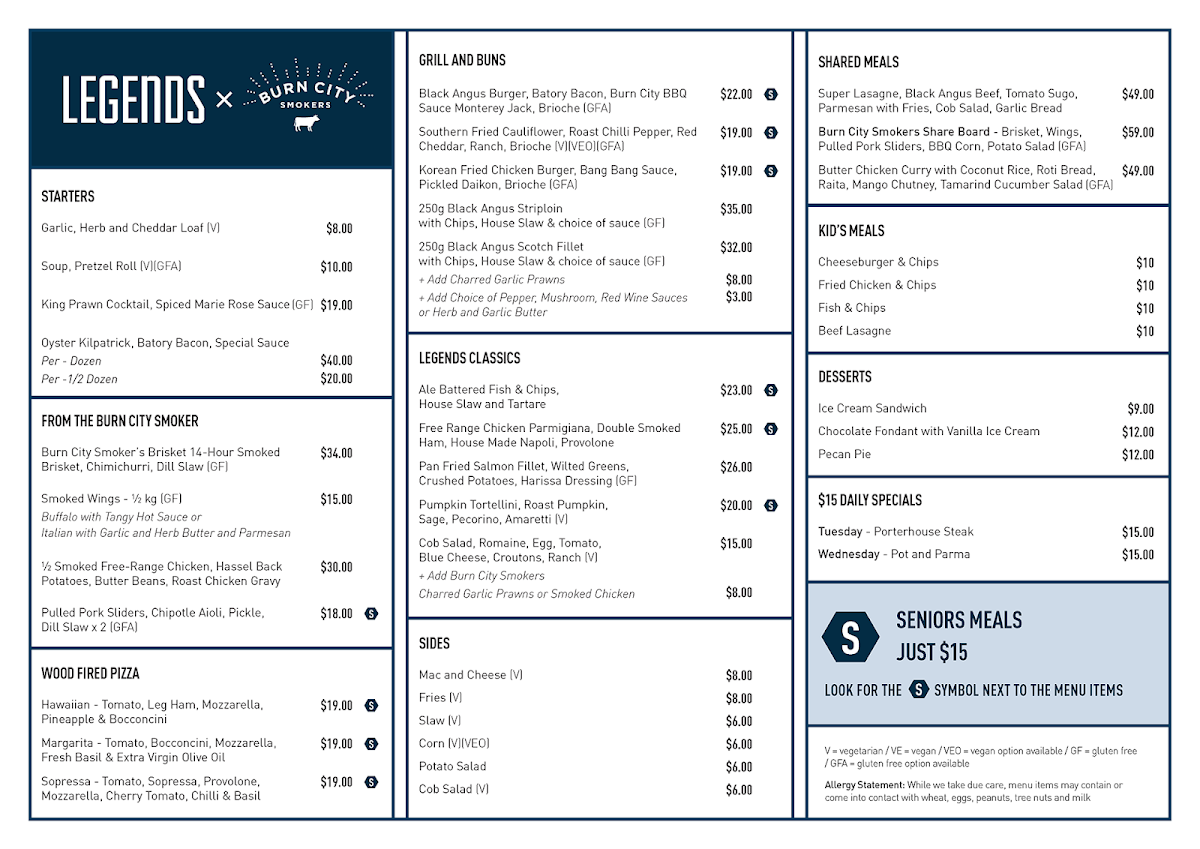 Menu, Moonee Valley Legends