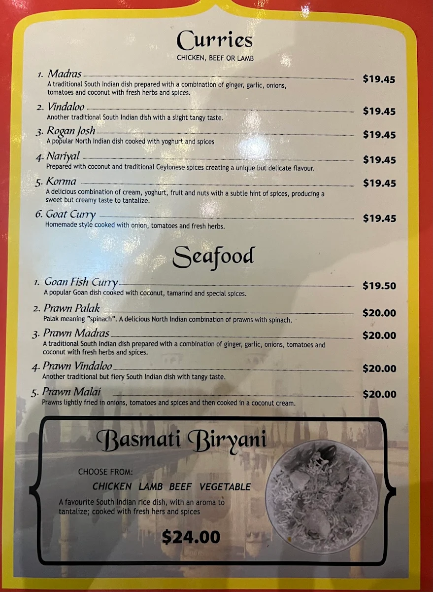 Menu, Halims Indian Taj Restaurant