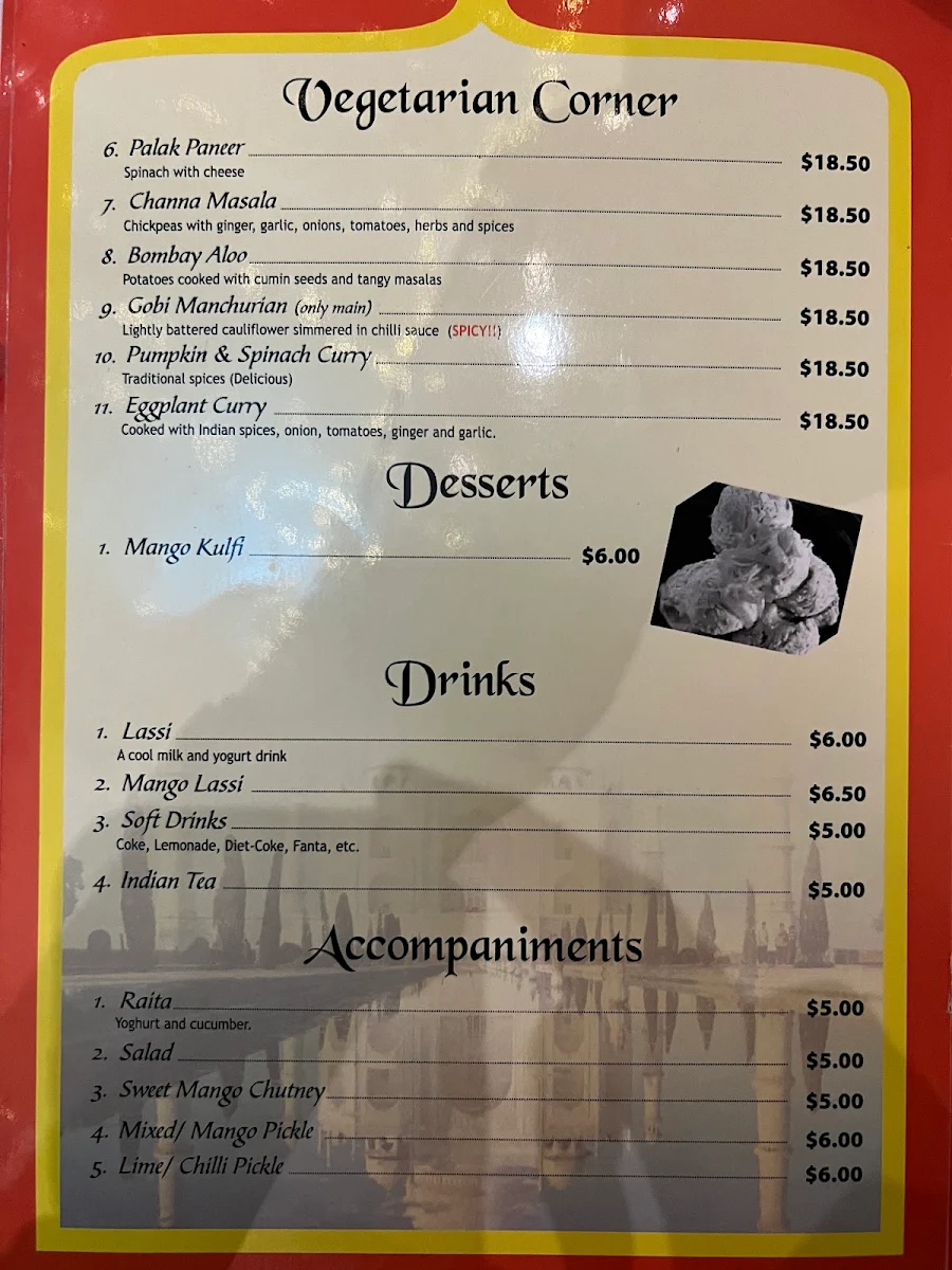 Menu, Halims Indian Taj Restaurant